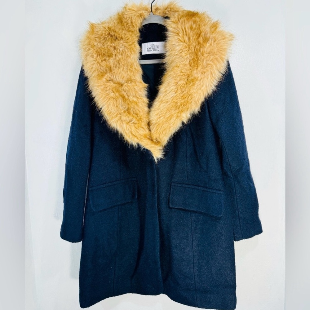 Badgley Mischka Belle-Blue wool long coat with cream faux fur collar.Size Large